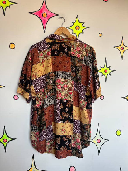 Vintage 80s 90s Boho Whimsy Grunge Fairy Patchwork Button Up Shirt – L