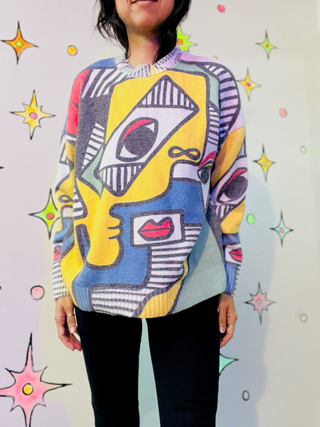 Wearable Art Picasso Cubist Abstract Art Avant-Garde Pullover Sweater - Large