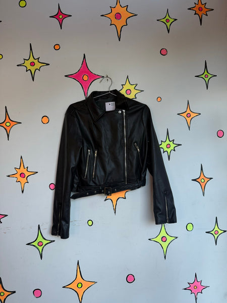 Y2K Black Vegan Leather Moto Jacket Grunge Goth Rocker Biker Jacket M