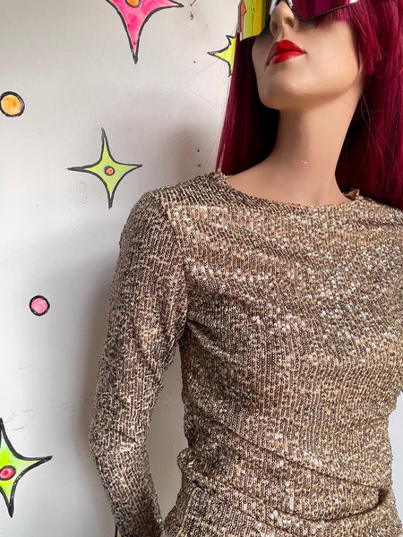 Vintage 90s Y2K Free People Gold Beaded Sequin Top Boho Glam Rockstar M