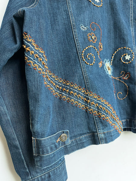 Vintage 90s Y2K Floral Embellished Denim Jacket Boho Fairy Grunge Jean Jacket L