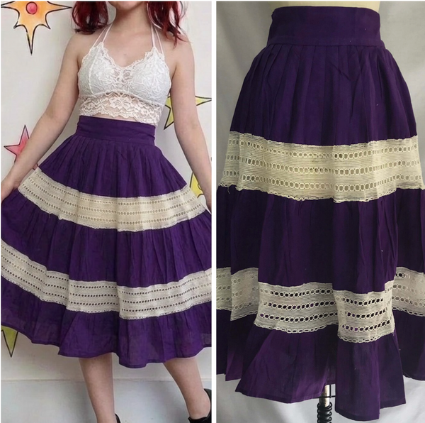 Vintage 60s 70s | Purple Boho Hippie Prairie Festival Cotton Woodstock Skirt | S