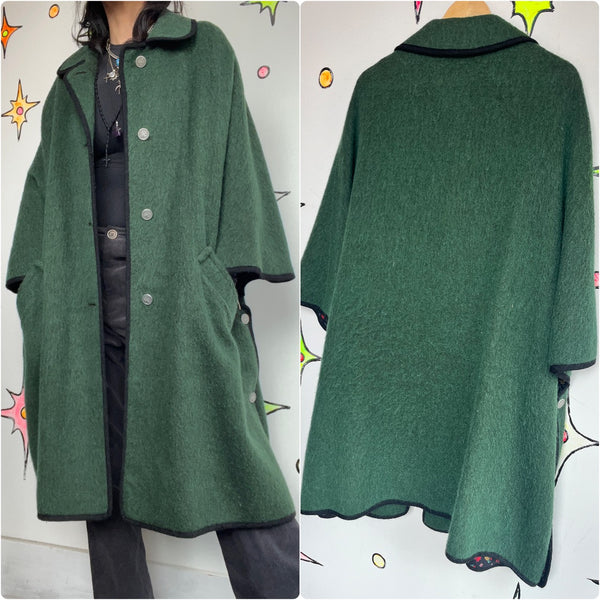 Vintage | Green Loden King Wool Heavy Warm Cape Coat | Size 44 Fits All