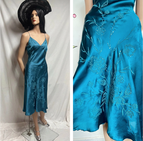 90s Peacock Blue Beaded Slip Dress Mermaidcore Silk-Feel Midi Y2K Grunge Fairy M