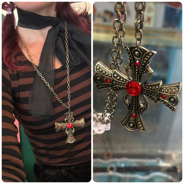Romantic Gold and Red Goth Vampire Cross Necklace Witchy Gothic Jewelry
