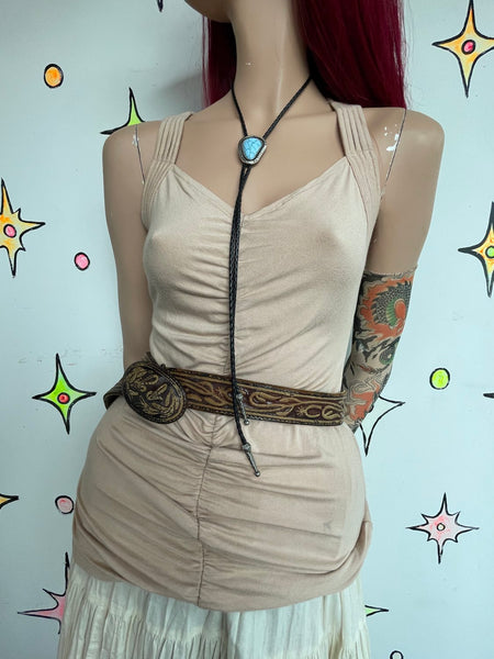Y2K Beige Tank Top Soft Grunge Boho Fairy Ruched Layering Basic | M