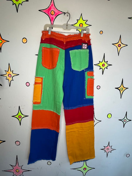 Rainbow Denim Wide Leg Patchwork Pants Y2K Boho Grunge Statement Jeans M/L