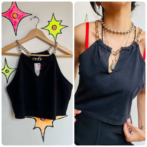 Y2K Black Halter Crop Top w Gold Chain Choker – Glam Fairy Goth – XL