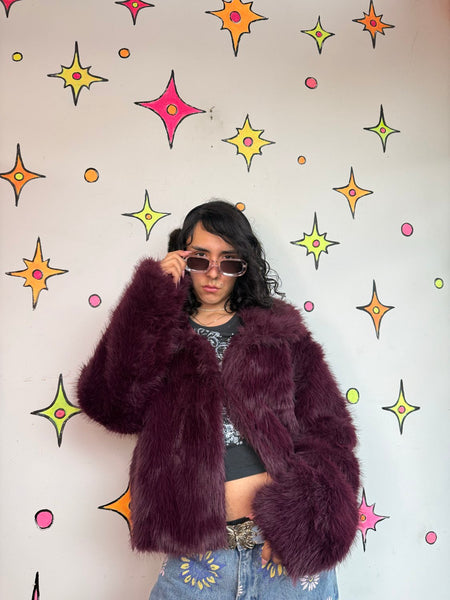Y2K Purple Faux Fur Coat Plush Teddy Jacket Goth Glam McBling Cozy Grunge L XL
