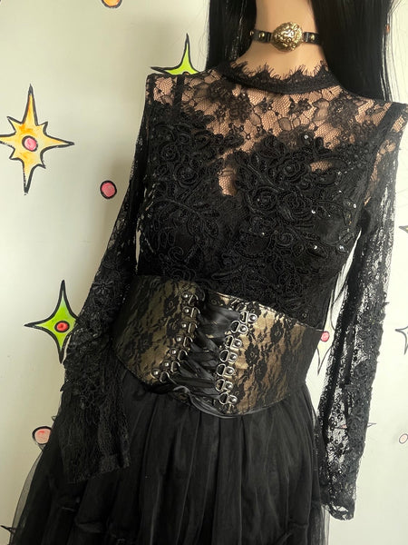 Black Gold Lace Waist Cincher Corset Belt Goth Glam Coquette Lace Up Waist Belt