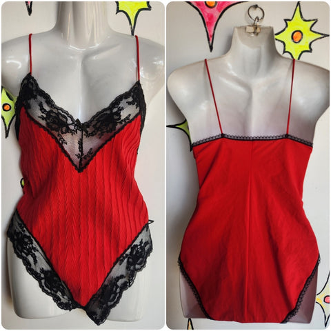 Vintage | Red Sexy Devil Vampire Goth Lace Teddy Lingerie Bodysuit | Size Small