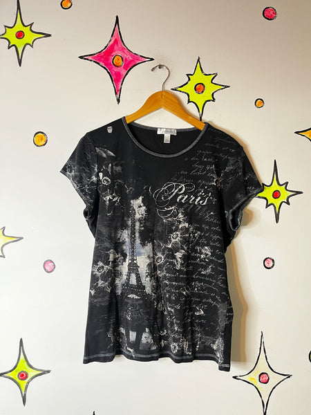 Y2K Grunge Paris Tattoo Print Tee Fairy Grunge Goth Romantic Vintage T-Shirt XL
