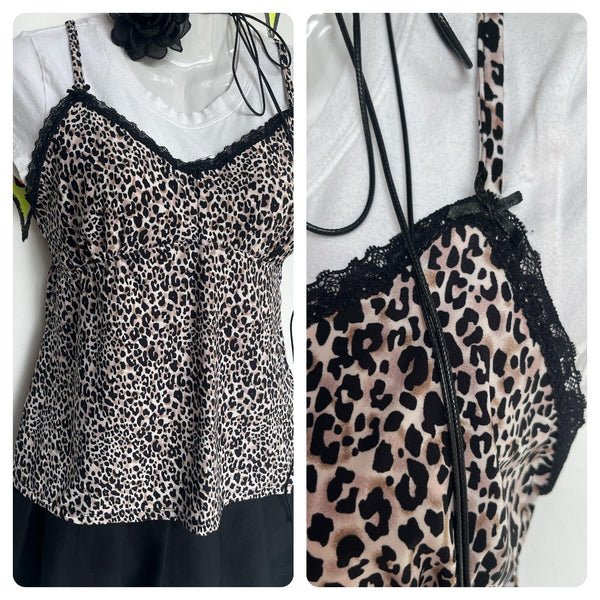 Vintage 90s Y2K | Leopard Print Lace Goth Coquette Fairy Grunge Camisole Top | M