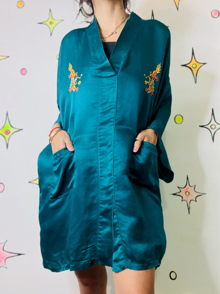 Vintage Teal Silk Embroidered Kimono Robe | Dragon Motif Grunge Lounge Wear | M