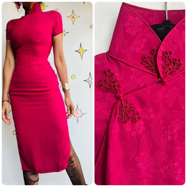 Vintage Pink Silk Kimono Geisha Wiggle Dress - Asian Inspired Midi Dress - XS