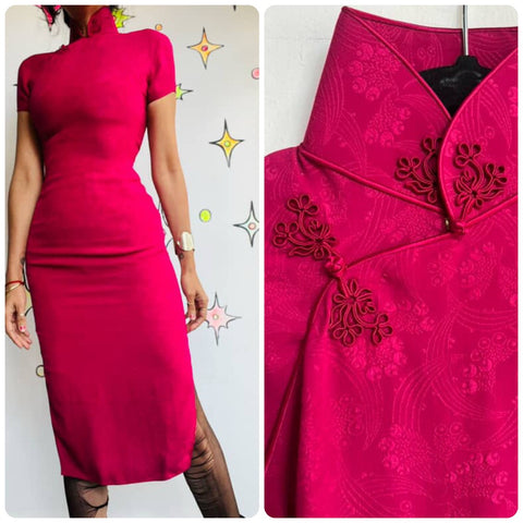 Vintage Pink Silk Kimono Geisha Wiggle Dress - Asian Inspired Midi Dress - XS