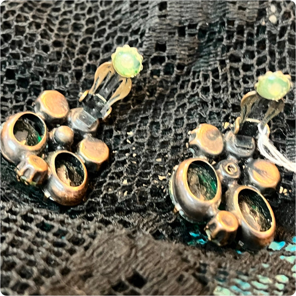 Vintage 50s 60s Green Fairy Clip On Earrings Chunky Sparkly Crystals Rhinestones