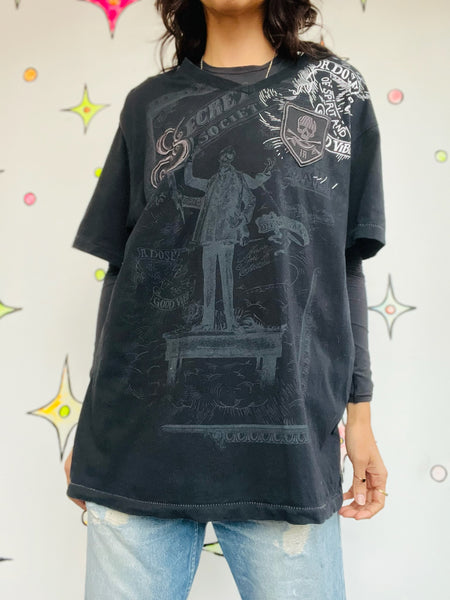Vintage Y2K Indie Sleaze Black Graphic Tee - Tattoo Print Goth Grunge Shirt - XL