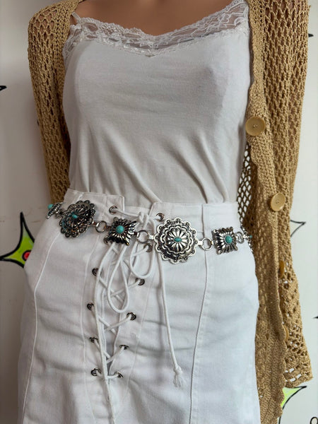 Silver Tone Concho Belt Western Boho Glam Heavy Texture Faux Turquoise | OS
