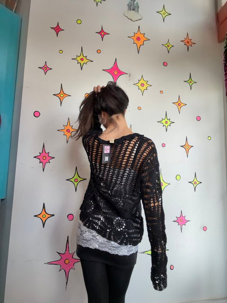 Black Crochet Cardigan Boho Whimsy Goth Fairy Festival Layering Sweater Large
