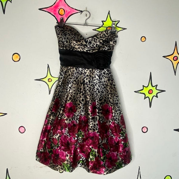 Y2K Leopard Print Strapless Mini Pink Floral Party Dress Fairy Grunge XS