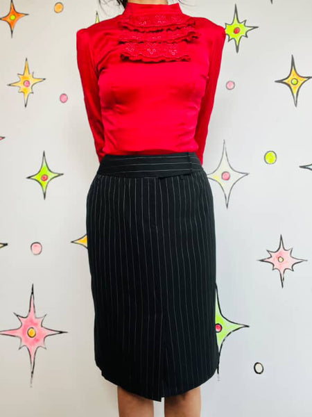 90s Y2K Black Pinstripe Pencil Skirt – Preppy Office Goth Academia – 8 Petite