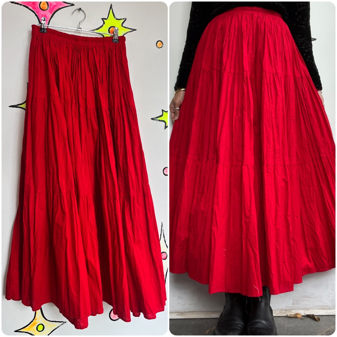 Vintage 70s | Red Western Witchy Grunge Whimsy Goth Prairie Maxi Skirt | Small