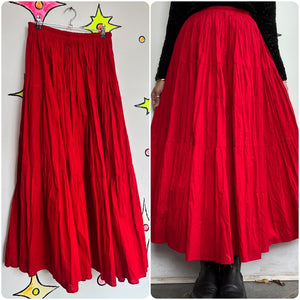 Vintage 70s | Red Western Witchy Grunge Whimsy Goth Prairie Maxi Skirt | Small