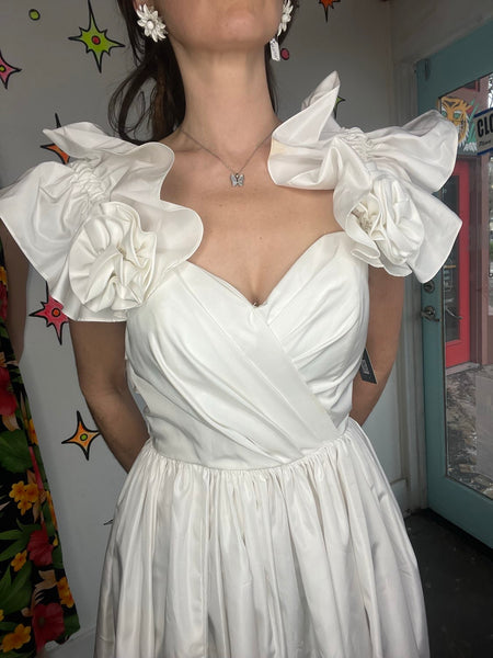 80s White Ruffle Poofy Cupcake Dress Vintage Prom Wedding Party Princess _ S