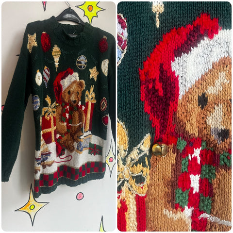 Vintage 80s 90s | Festive Tacky Ugly Christmas Teddy Bear Knit Sweater | Size L