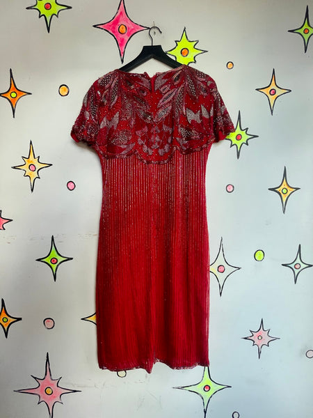 Vintage 80s Heavy Beaded Crimson Silk Party Dress Luxe Glam Old Money L