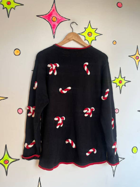 Vintage Black Christmas Sweater | Candy Cane Ugly Tacky Xmas Party Cardigan – L