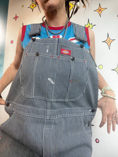 Vintage Dickies Railroad Pinstripe 38x30 Denim Bib Overalls Workwear Grunge XL