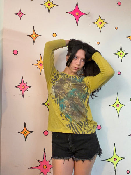 Y2K Chartreuse Zebra Print Tee | McBling Glam Animal Print Top Small