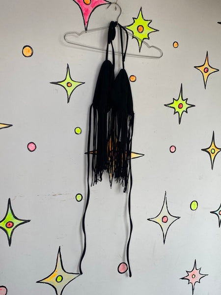 Y2K Faux Suede Western Cowgirl Goth Fringe Top Black Halter Grunge Biker Glam M