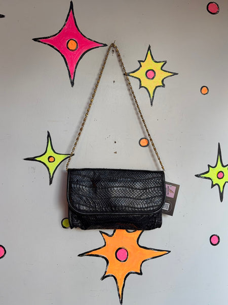 80s Glam Black Snakeskin Shoulder Bag Gold Chain Mob Wife Old Money Purse