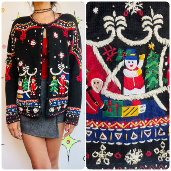 Vintage 80s 90s Black Ugly Tacky Christmas Sweater Cardigan Santa & Snowman – M
