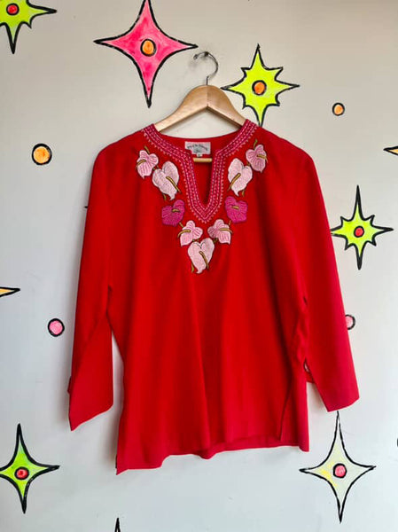 Vintage Cherry Red Boho Embroidered Cotton Blouse – Peasant Folk Top – Flowy XL