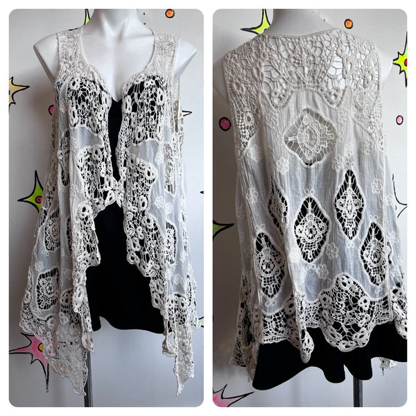 Vintage White Crochet Long Vest ' Boho Western Duster Fairy Grunge Lace Layer SM