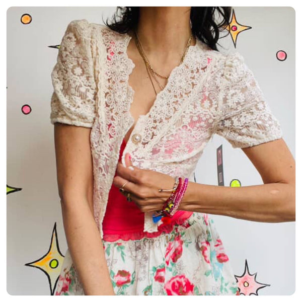 Vintage 90s | Off White Sheer Lace Rococo Babydoll Steampunk Crop Top Blouse | S