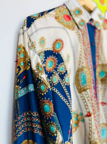 Vintage 90s Silk Scarf Print Rococo Revival Blouse - Boho Grunge Long Sleeve - M