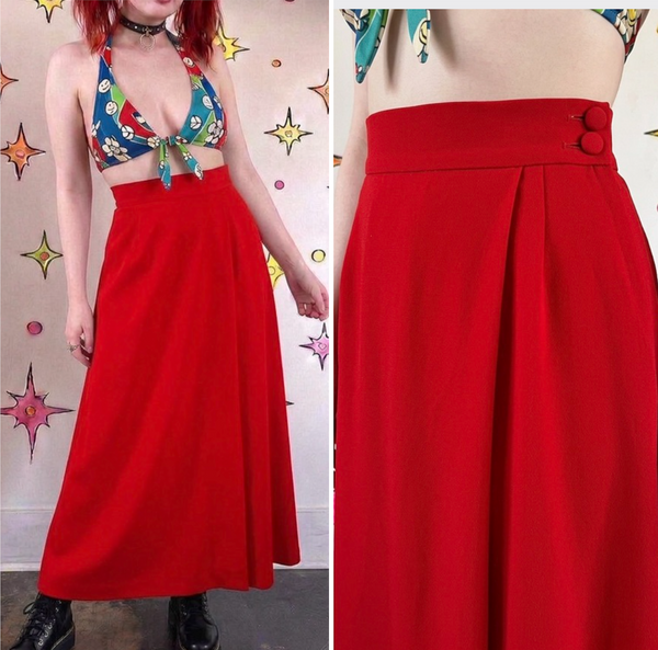 Vintage 1970s | Bright Red Groovy Disco Maxi Long Faux Wrap Skirt | XS S