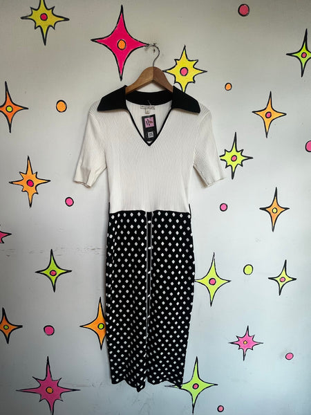 Retro 90s Black & White Polka Dot Dagger Collar Midi Dress 60s 70s Mod Knit M