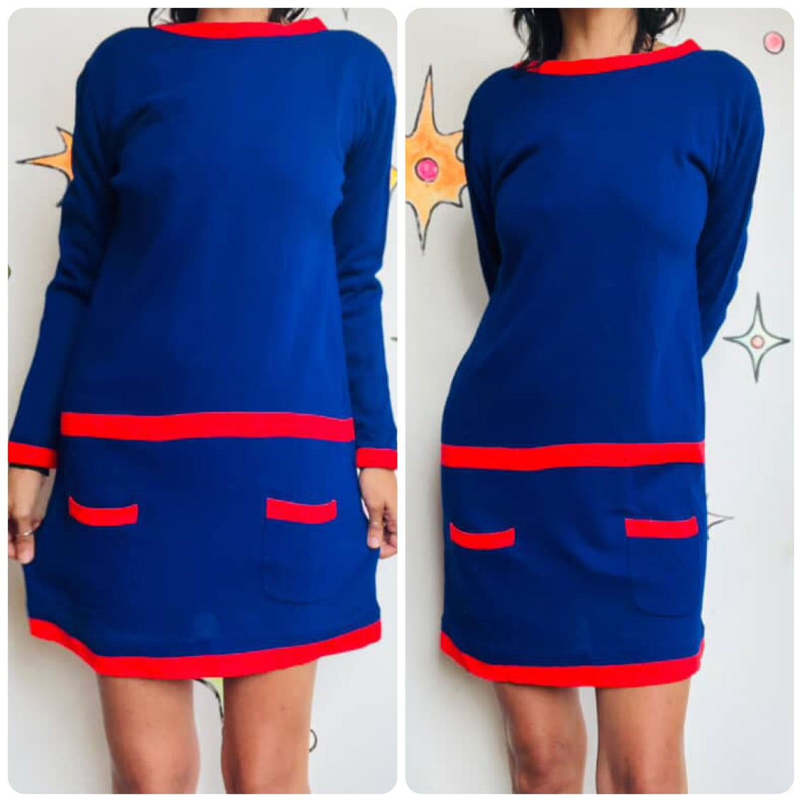 Vintage 60s MOD Space Age Navy Blue Mini Dress w/ Red Stripe – Medium / Large