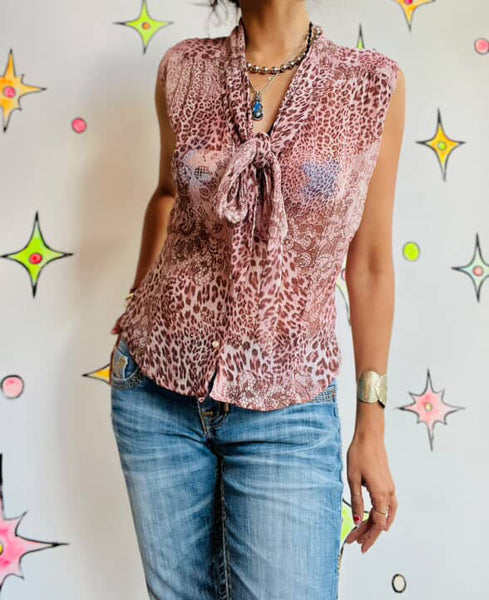 Vintage Nicole Miller Silk Pink Sheer Bow Neck Top | Leopard Print Fairy Grunge