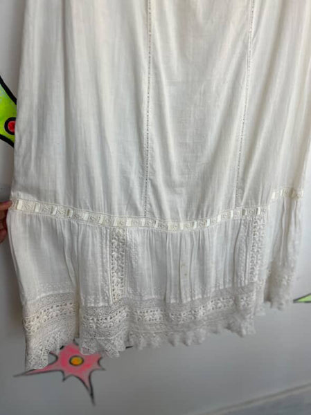 Antique Early 1900s Edwardian Cotton Lace Slip Dress Chemise Corset Cover | S/M