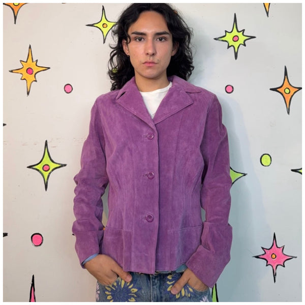 Vintage 90s Y2K Purple Suede Leather Jacket Goth Western Blazer Boho Moto M