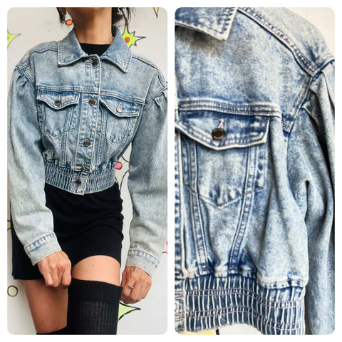 Y2K Cropped Retro 80s Style Acid Wash Denim Jacket | XS