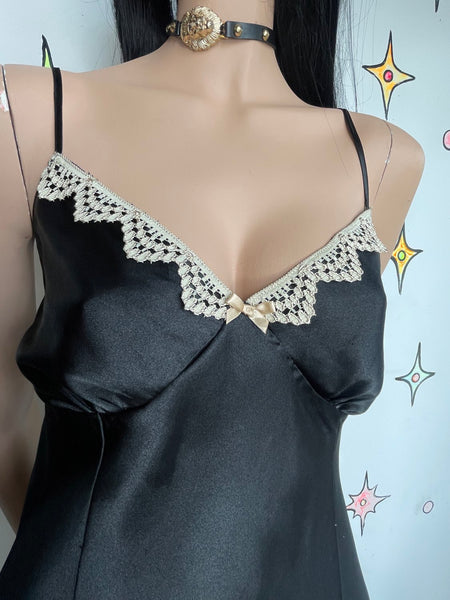 Y2K Black Satin & Lace Babydoll Slip Dress - Whimsy Goth Romantic - M