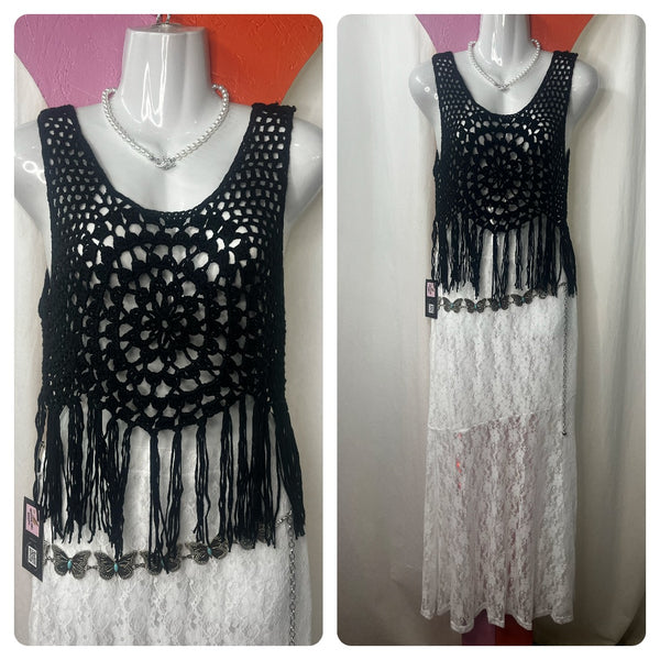 Y2K 60s 70s style | Black Crochet Fairy Grunge Whimsy Goth Boho Top | Free Size